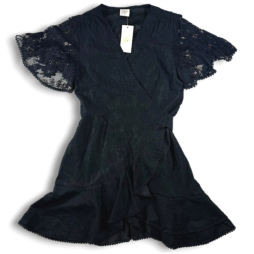 GLM Clothing Black Lace Wrap Dress Flutter Sleeve Ruffle Hem  XXL NWT